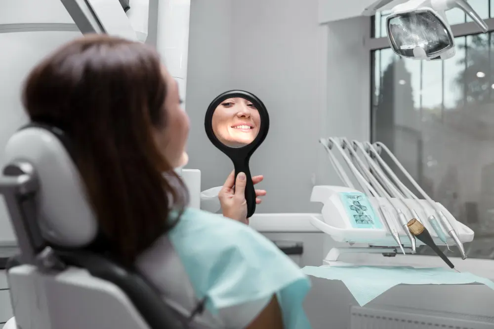donna sostiene specchio per guardarsi il suo nuovo impianto dentale