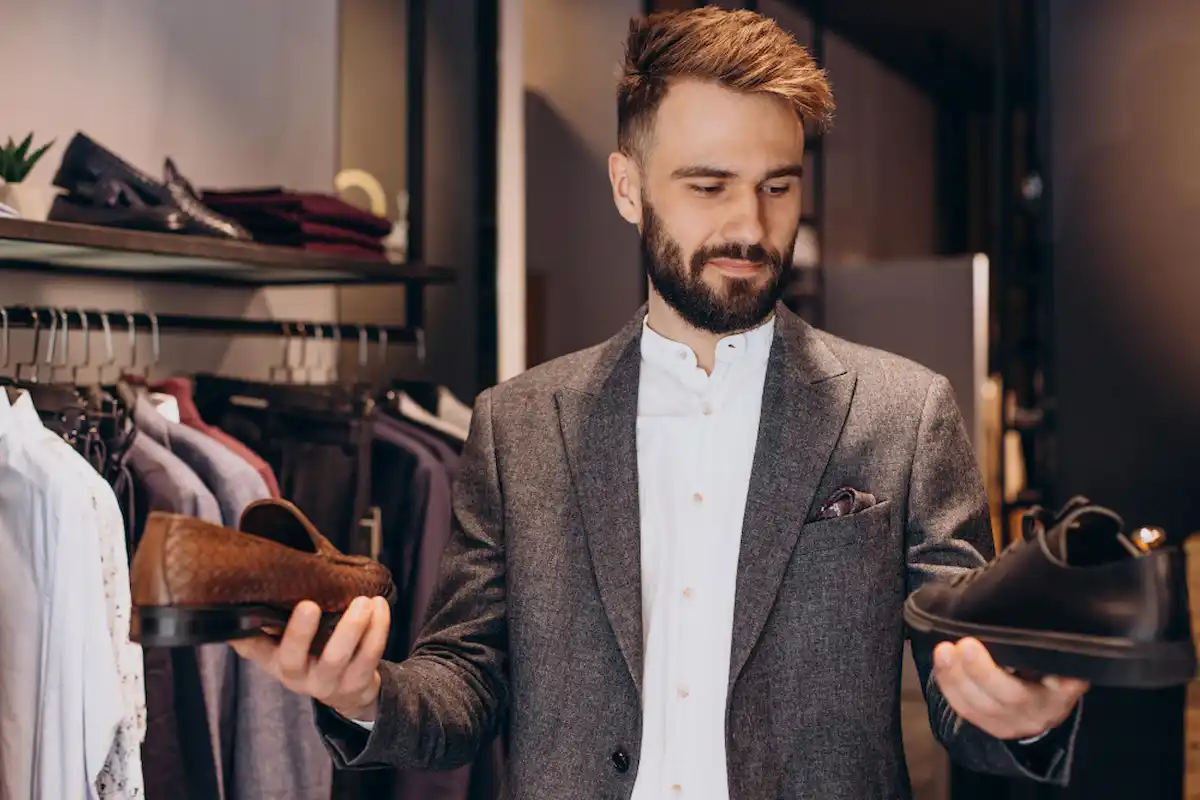uomo con barba sostiene due paia scarpe e le guarda