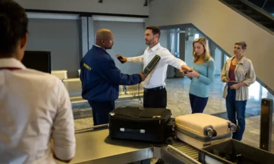 uomo controllato ai varchi checkin di un aeroporto