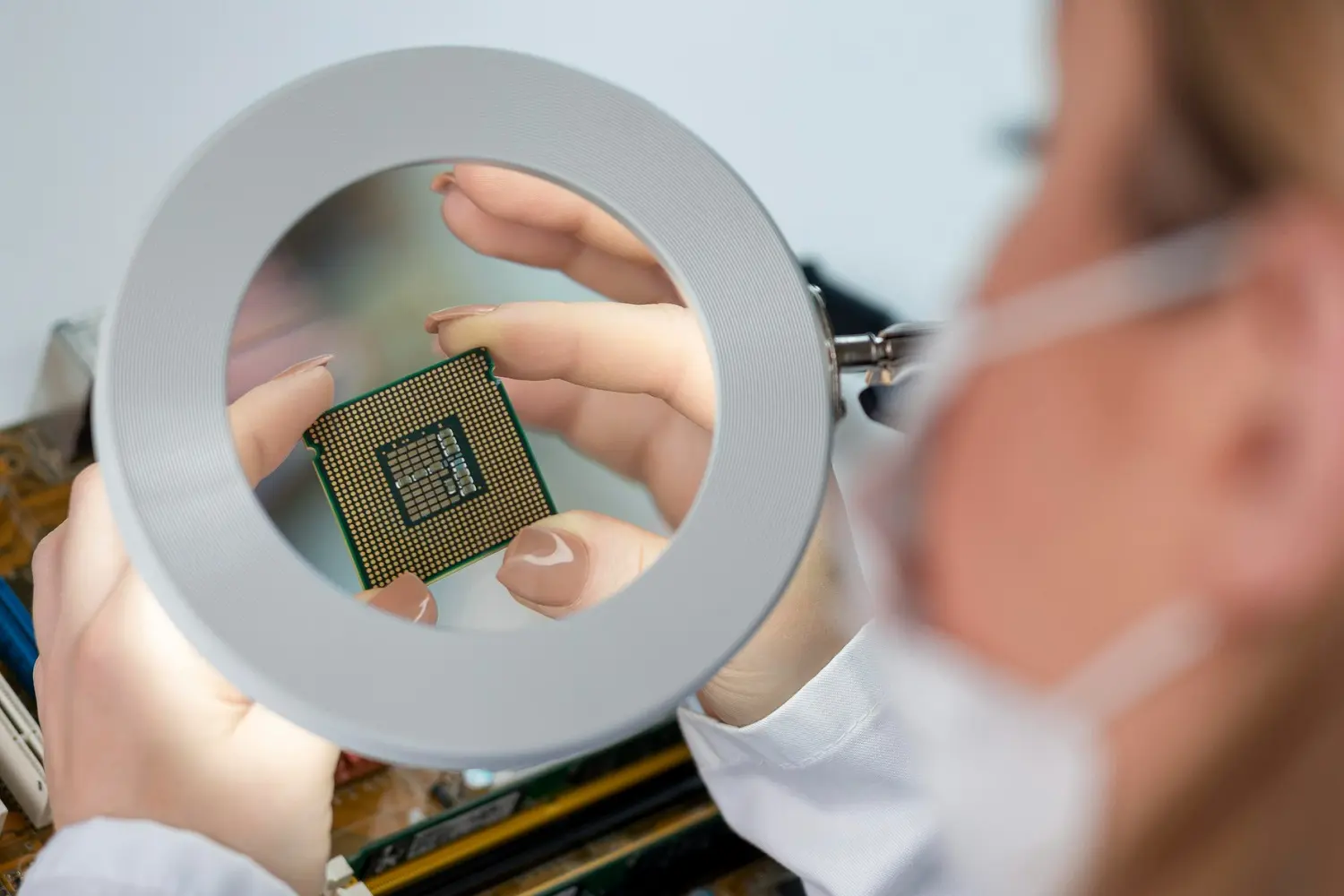 ricercatrice controlla chip di memoria cellulare