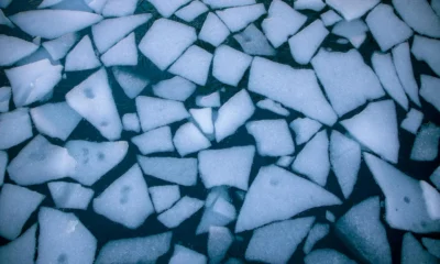 Imagen sobre perche il ghiaccio galleggia sull acqua con un cubito de hielo flotando en la superficie del agua