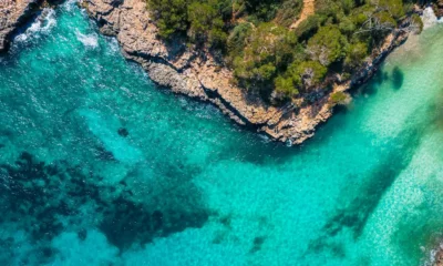 Vista aérea de una cala y playa en la zona de dove si trova torre dell'orso, ideal para mostrar su ubicación costera en el Salento.