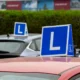 Learner driver on the highway illustrating con il foglio rosa posso guidare in autostrada.