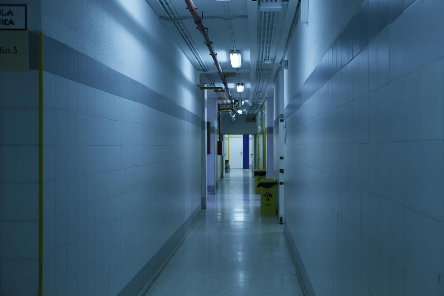 Fotografía de un corredor de hospital psiquiátrico para ilustrar cuando dio imparò a scrivere spiegazione finale en el contexto de la trama y el final del thriller.
